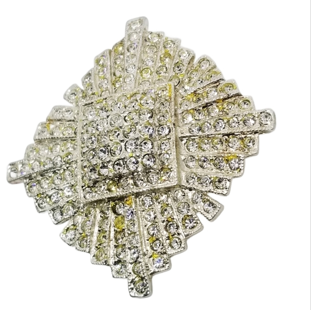 ROMAN CO. VINTAGE 1970s ART DECO REVIVAL STYLE SILVERTONE & CRYSTAL BROOCH - Picture 3 of 4